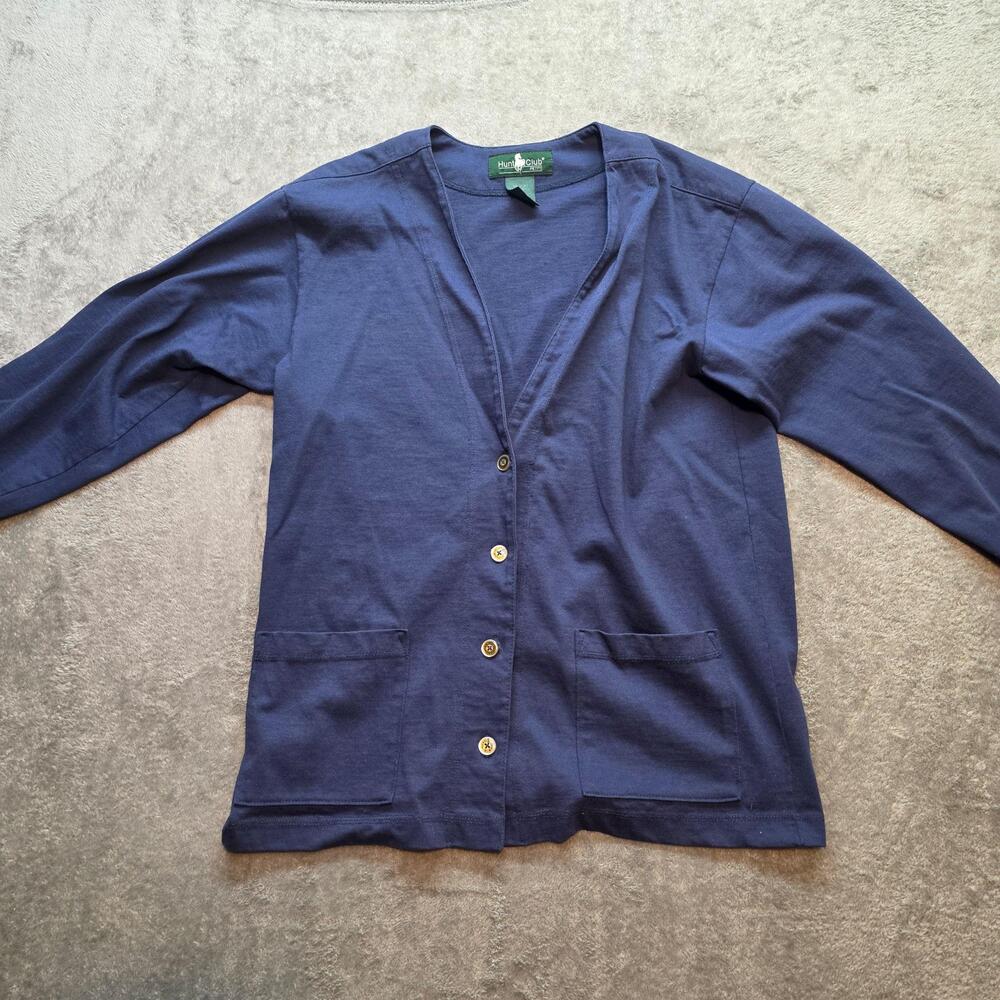 Hunt Club Cardigan Sweater Womens Petites M Blue Cotton V-Neck Knit Pockets